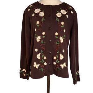 Vintage Bechamel Brown Floral Embroidered Cardigan Womens Fairycore Grannycore